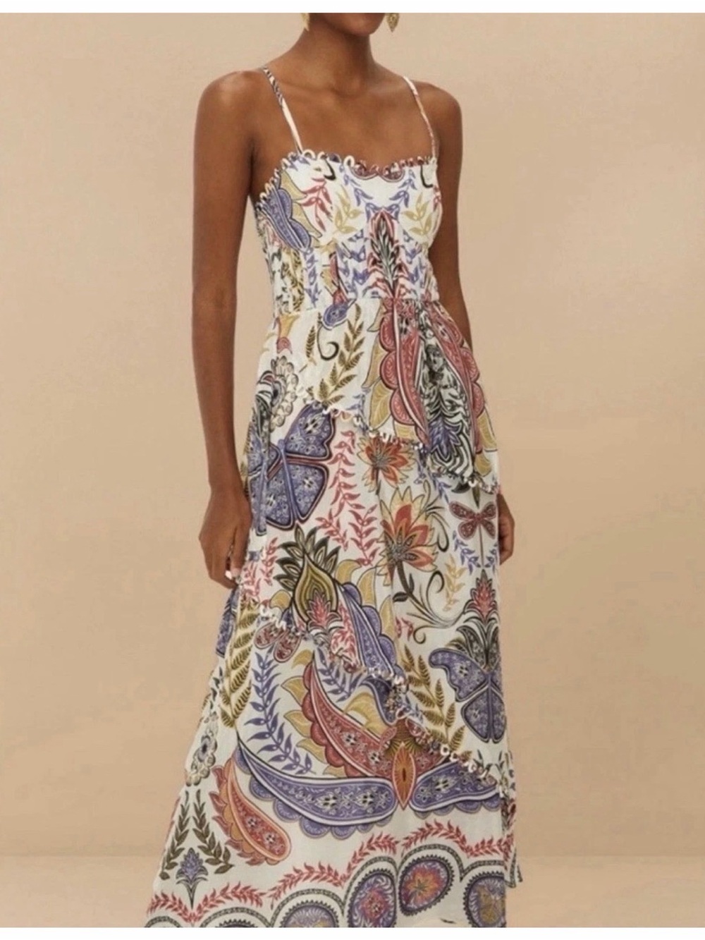 FARM Rio White Maxi Dress with Multicolor Paisley and Floral Print